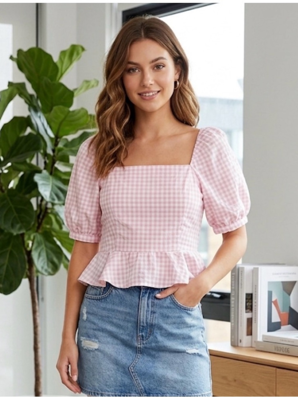 Draper James Pink Gingham Peplum Square Neck Top